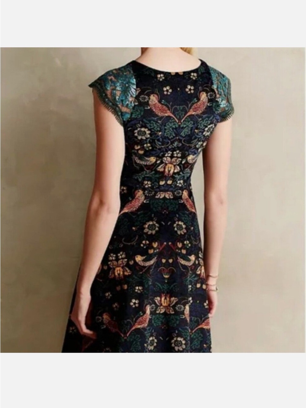 Rare Eva Franco Anthro Larksong Corduroy Bird Dress 2 Sequin Mesh Sleeves - Picture 2 of 6